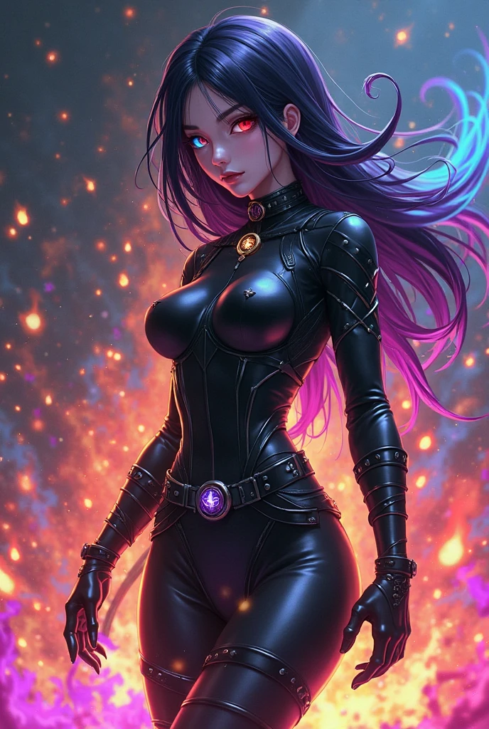 very detailed face, detailed clothing, detailed fabric, 1 woman, perfectly drawn body, huge breasts, sexy pose, beautiful face, long black hair, blue eyes, very detailed eyes, pink cheeks, shy expression, (Shiny black tight bodysuit), black gloves, gloves covering hands, Sensual lips , dinner de invierno, Show details at a glance, View from the front, looking at viewer, dark road, Dark Forest, dinner, atmosphere, Fog