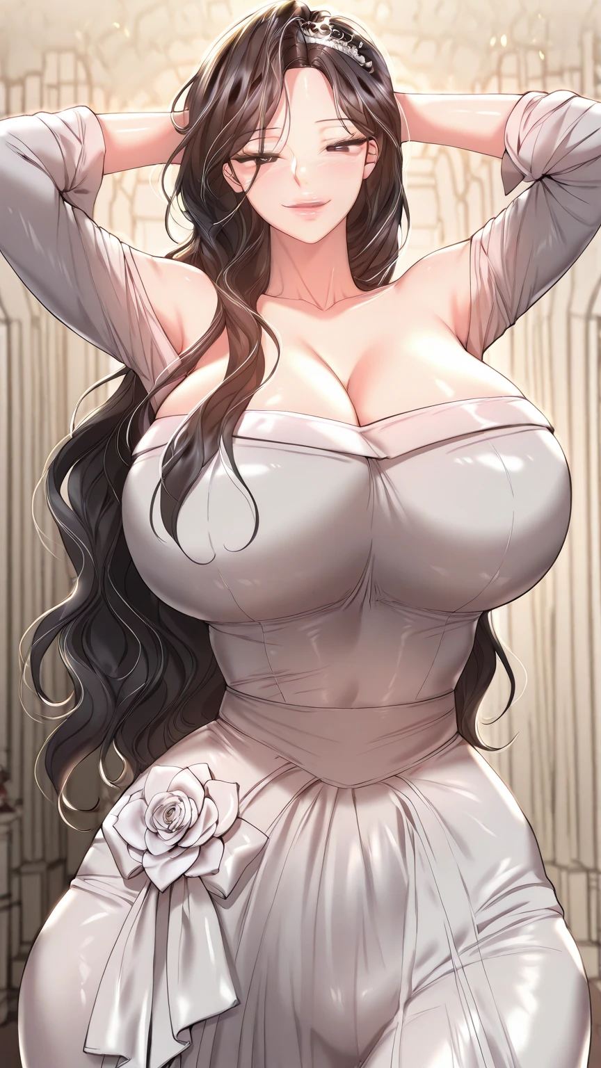 score_9, score_8_up, score_7_up, score_6_up, score_5_up, score_4_up, yu hee, brown eyes, black hair, long hair, Empire Waist Maxi Dress, evil smile,