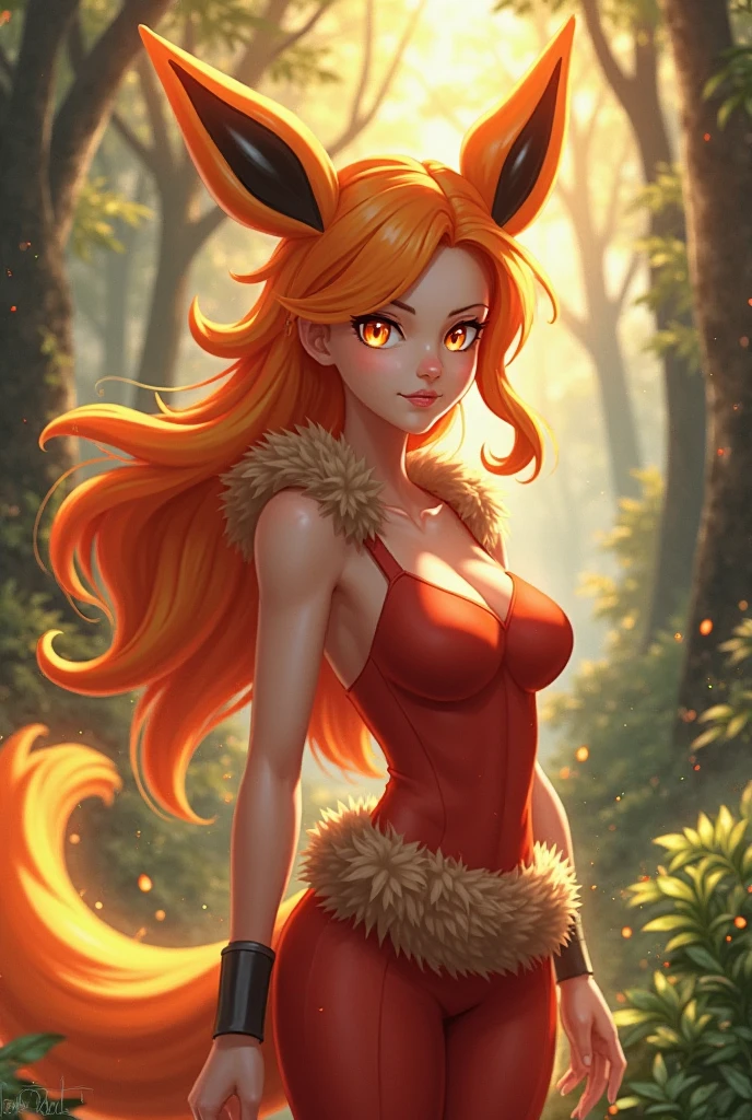Big breasted fox girl crouching on the ground in a forest.