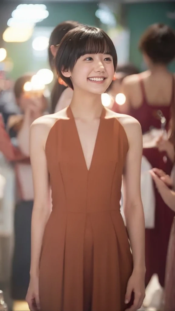 Malay girl, very short red hair, side swept pixie haircut, wear soft blue Mini peplum backless Dress , laughing and posing with hand on head, touching her own head, wear handbag, from back view, windy, detail skin, age spot, detail skin texture, mole below eyes, small breast, flat chest, wide hips, small waists, thick thighs, slim abs, beautiful body, nighttime, laughing, happy, bright lighting, crowded cafe, blur background, bokeh, high quality, ultra detail, 8k,