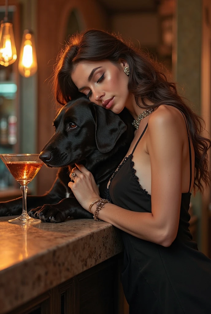 Photo shoot of a beautiful, sexy, hot woman wearing a city hat sitting while drinking and accompanied by a big black wolf. And there is a signboard ridwangrapher