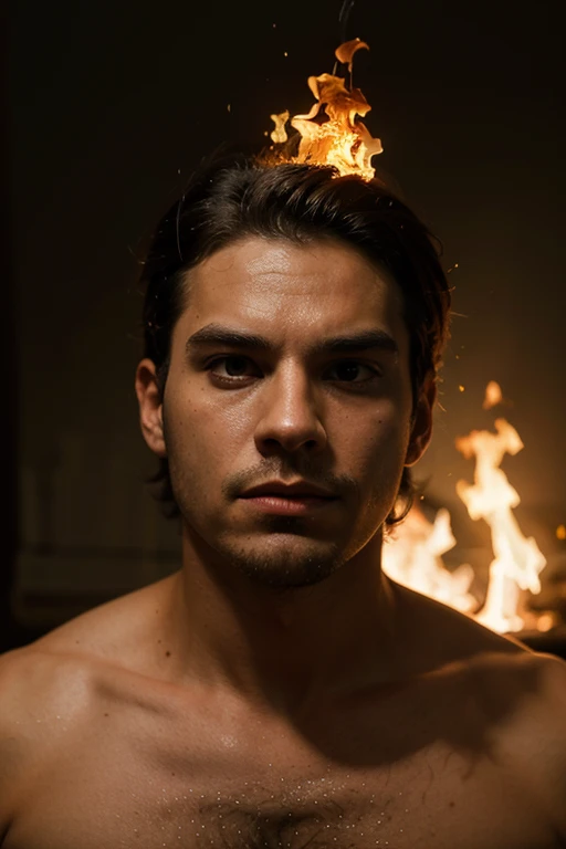 "Get lost in the enchanting gaze of Masse's piercing red eyes as he effortlessly controls the element of fire with his laid-back and handsome demeanor."