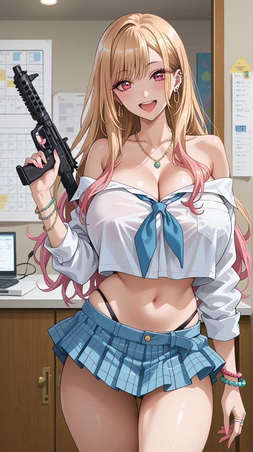 ftselenecas,mature female,pink eyes,mature female, blonde hair, long hair, blush, lipstick,,masterpiece, best quality, ((unbuttoned , cleavage, necklace, earrings, sexy body,
breasts)) , micro skirt, smiling, navel , exposed belly, exposed navel,school,knot,
classroom , holding a gun, hold a gun