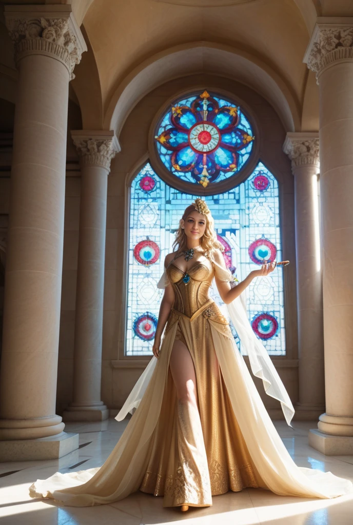 (((cowboy shot:1.5)))photo of a 30 years old rosmita1 ,(facing side head turned Looking at viewer over shoulder,small waist, medium hips, (huge natural breast:1.5) sideboob),(indian style),nsfw,(((A quiet, candlelit chapel with stained glass windows and wooden pews))), ,wide depth of field,( very long ((golden blond long Long layers hair)):1.5) , (realistic:1.5), glossy lips, soft skin, elegant makeup,(torogao expression), wearing <lora:Outfit_soph-RoccheDress:0.75> dr3ss, bows, cross-laced clothes, (silk (Neon Red and ) dress), (embroidered ornate), halterneck, high collar, jewelry, armlet, headdress, (lace trimmed) , frills, cuffs, ribbons, hair bow,