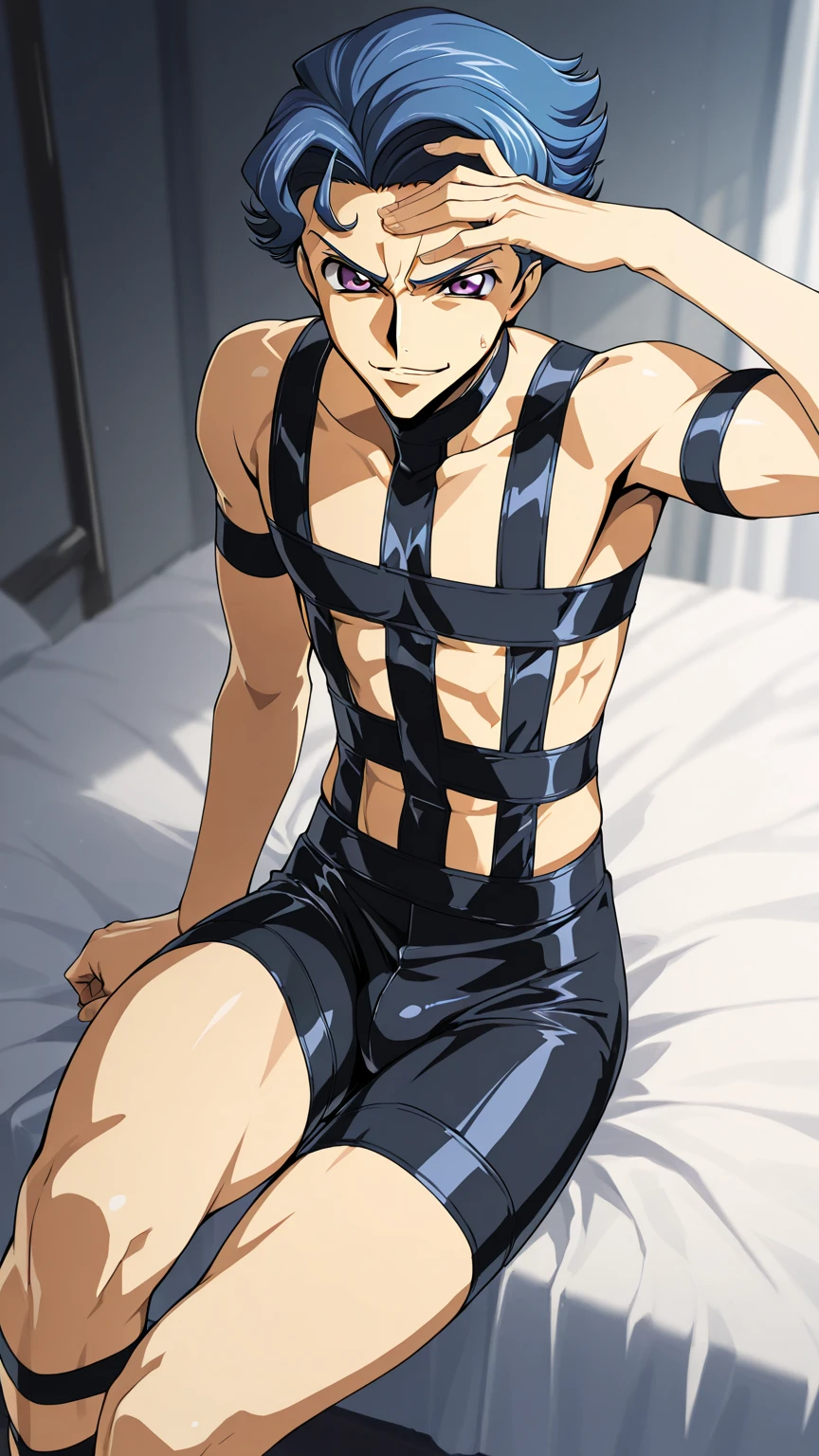 2boy, wide and very vivid black eyes, HD, masterpiece, vibrant, full body view, trendy hair, collar, naked, shiny, midnight, cool man, sweaty, nymphomaniac, white skin, embarrassing face, slender, bondage clothes, boys love