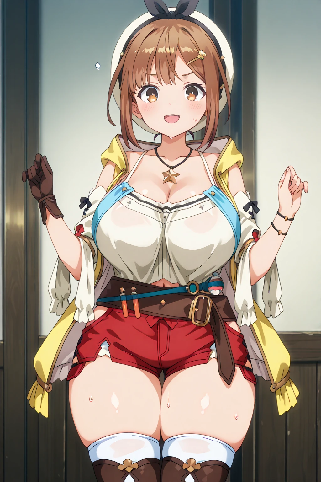 masterpiece,hentai anime character, I'm straddling a man's crotch, Ryza having intense cowgirl sex, (((Aggressive vaginal sex: 1.2))), favorite,Bounce and shake wildly,, 32K,Super detailed,Ultra-detailed,Big Breasts, Vibrant breasts, Short brown hair, shirt, Shorts, Red shorts, White Beret, Black knee socks, Ryza outfit, loungewear, {{A biological weapon that preyed on the sleeping Ryza and transformed into her appearance, Big bouncing}}, Shake violently, Overall view, Town, NSFW