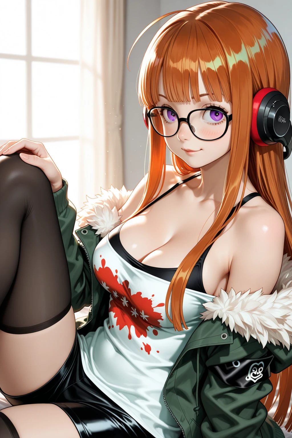 masutepiece, Best Quality, hight resolution, 1girl in, futaba sakura, Blunt bangs, Glasses, black-framed eyewear, Ahoge, Small breasts, Glasses, headphones, behind-the-head headphones, White shirt, Jacket, off shoulders, Fur trim, fur-trimmed jacket, Green jacket, Shorts, thighs thighs thighs thighs, long boots, tea shop、sofa, loose shorts, loose shirt, nipple, panties, anime, short, orange hair