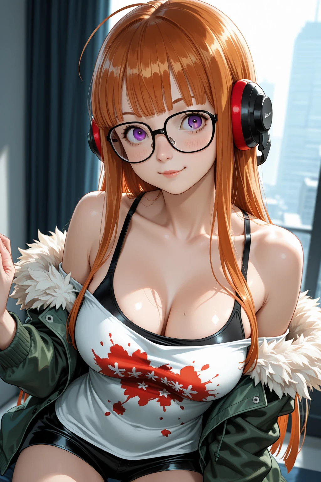 ((Marl、Horse ear headband、fake horse ears))、(lightly dressed、cleavage of the breast、fully body photo、Beautiful legs)、(persona、futaba sakura、orange color hair、Black-rimmed glasses、Rough shirt、Lower breast、Puffy jacket、Beautiful woman paintings based on Naoya Maeda'painting of a)、1girl in、master piece、japanaese girl、absurderes、hight resolution、ultra-detailliert、depth of fields、masterpiece、extremely details CG、3D Photography、3D background、Unity、8K、Hi-Res、top-quality、shadowy、foco nítido、pale-skinned、A detailed eye、blurry backround、dynamic ungle、Exaggeration of gloss、best super feat、a closed mouth、Look at viewers、cute smile face、Red cheeks、superclear