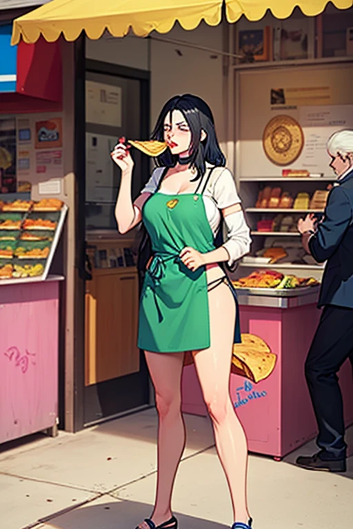 sexy woman, mature, milf, huge breasts, large breasts, curvy, voluptuous, completely nude, nude, ass, nipples, black hair, brown eyes, curly ponytail, red cap, grin, standing, from back, solo focus, street, food stall, outdoors