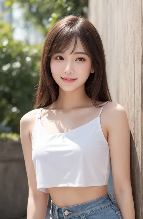 masutepiece, The highest image quality, High quality, Beautiful woman, Japanese, Detailed, Detailed eyes, Detailed skin, Beautiful skin, Ultra High Resolution, (reality: 1.4),Very beautiful, Slightly younger face, Beautiful skin, slender, (A hyper-realistic), (hight resolution), (8K), (Very detailed) (beautifully detailed eyes), (super detailed), Tank top, Skirt, (Wallpaper), (Detailed face), Looking at Viewer, Fine details, Detailed face, Smiling, Looking straight ahead, Looking straight ahead, angle from waist up, photos realistic, Bright lighting, Professional Lighting, Mature Woman, Brown hair, Shoulder-length straight hair swaying in the wind, long stylish bangs,