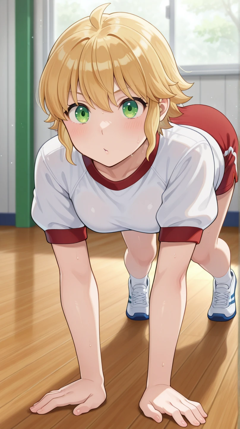 Short hair, long hair, beautiful breasts, embarrassed, shy, worried, yellow hair, short sleeves, arms, at the school, magenta polo shirt, no panties, bending over, focus ,