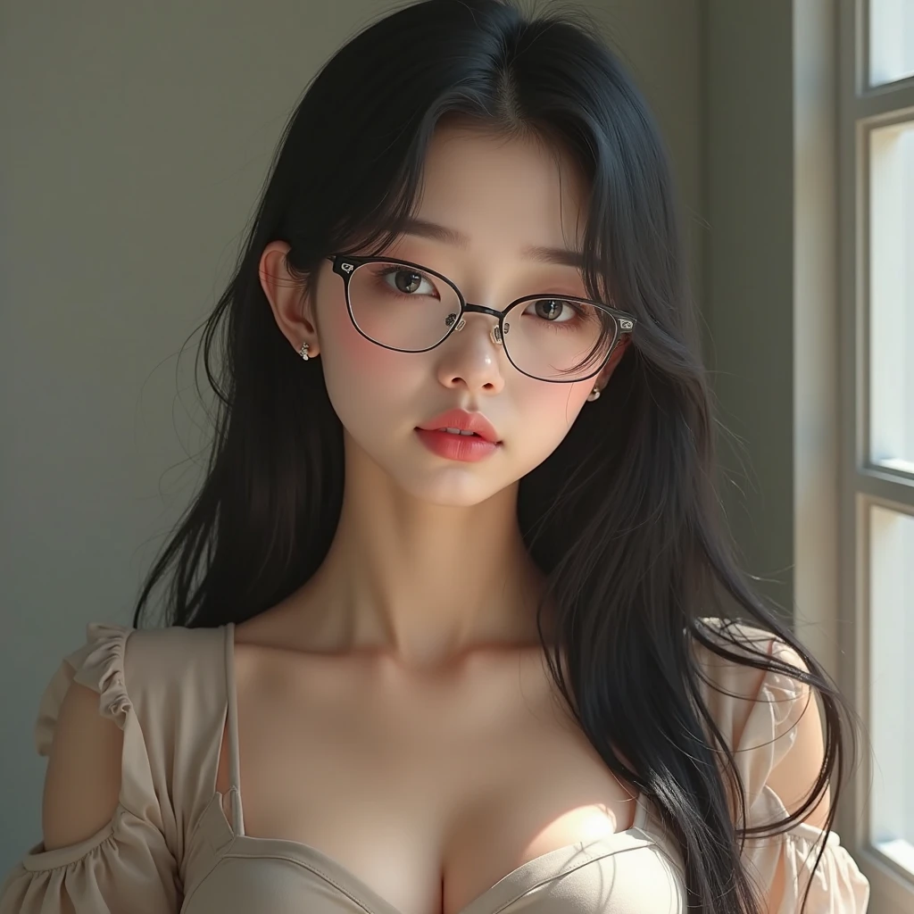 arafed woman with glasses and a bra top posing for a selfie, Menina coreana, with glasses, 22 anos de idade, 28 anos de idade, gorgeous young mulher coreana, 27 anos de idade, beautiful south mulher coreana, long wavy black hair and glasses, mulher coreana, 29 anos, 21 anos de idade, 23 anos, Asian girl