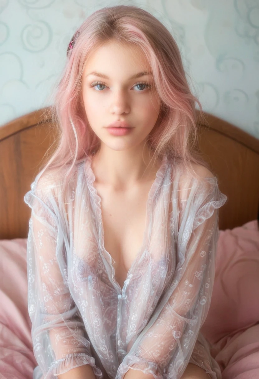 a girl, white skin, young, long pink hair, messy hair, thin arms, small mouth, small nose, small breasts, round face, pink skirt, transparent lace crop top, heart-shaped necklace, blue eyes, blush , embarrassed smile, navel, realistic view, very shy, sharp eyes, sitting in a room on the bed, good lighting, European origin, lots of details on the face and clothes