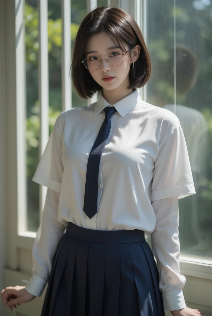 RAW, Best quality, high resolution, masterpiece: 1.3), Beautiful young indonesian girl with short wavy hair, eyeglass, sex pose, sensual body, on a top of table of class room, ((senior high school clothes)), orgasm, highres, 4k, HDR, 1girl, photorealistic, realistic, big breasts, short wavy hair, ((whole body)), class-room,