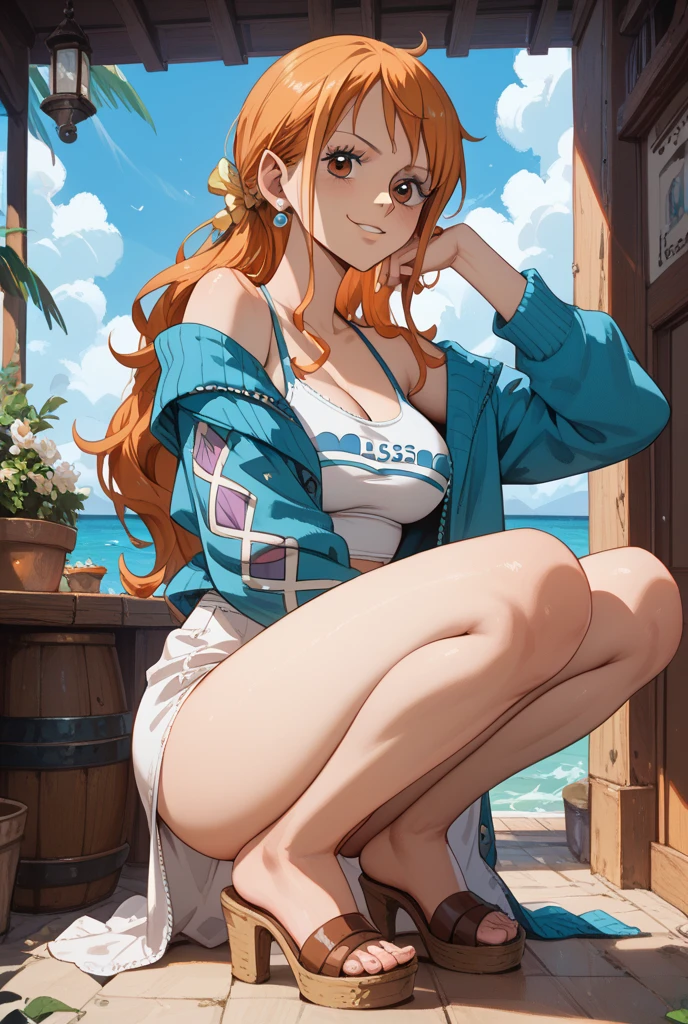 1girl, art by Eiichirio Oda, nami on a ship, rainy weather, nami is wearing an orange bra, short black denim, wet body and hair, colourful image, bra falling off her shoulder, unbottoned pant