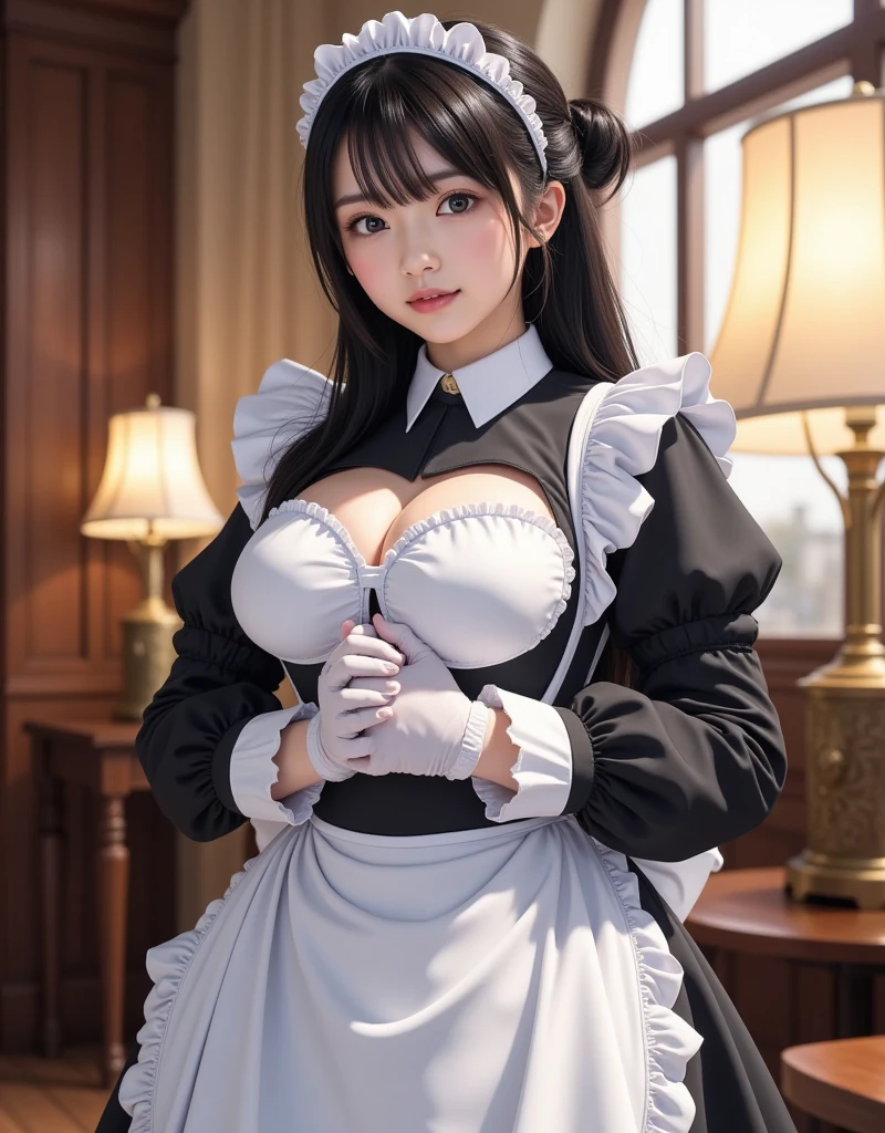 ((Best Quality, 8K, ultra-detailed, Masterpiece: 1.3)), 1girl, shiny skin, sharp, Perfect Body Beauty, realistic shaded perfect body, ("maid ,maid dress , cleavage":1.2),big breasts ,(dynamic pose:1.1)