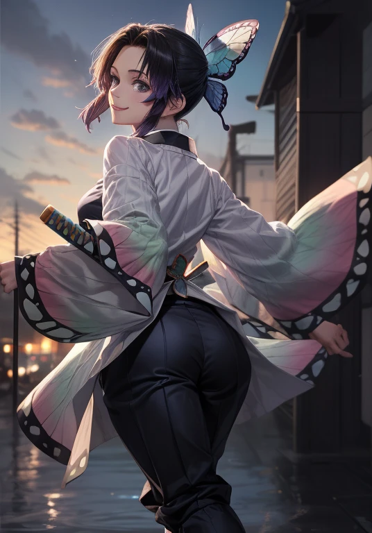 (Representative work: 1.2), (Best image quality: 1.2), Solo, Only Daughter, Shinobu Little Butterfly, Happy Smile, Light Japan Sword, (blue shirt: 1.4), Face, Realistic eyes, Lilac eyes, Wet face, Black hair, (Butterfly panties: 1.5), (black Micro panties:1.2), Taisho era, Spread your legs, from below, (lift your skirt:1.3), show off your panties, (lift yourself:1.3), ultra black mini skirt, (Dynamic Pose: 1.2),erected nipple silhouette,large breasts