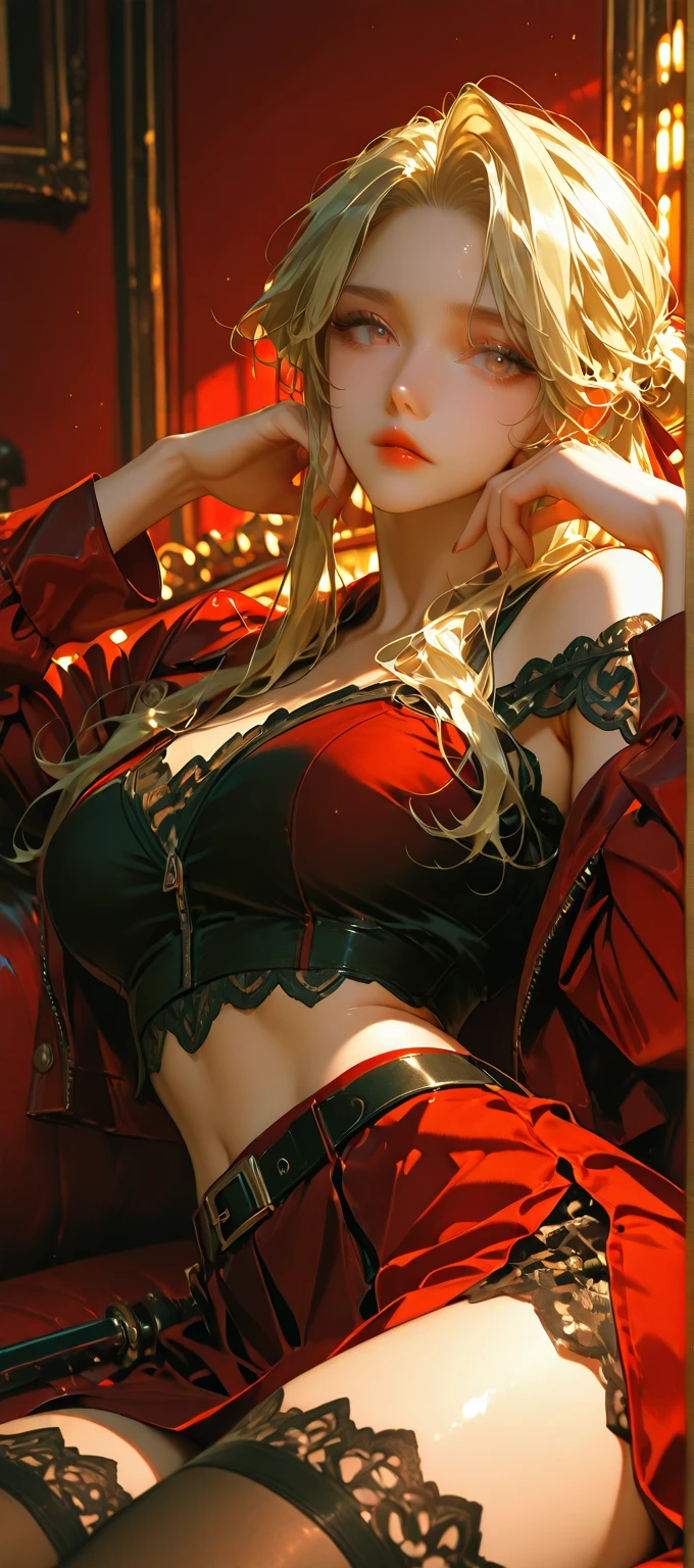 (Best quality, 4K, high resolution, masterpiece:1.2), ultra-detailed, realistic (photo-realistic:1.37), (full-body portrait), (fashion model pose), 40 years old, Russian woman, ambitious, elegance, calm, charming, intimidate, (blonde hair, power high ponytail hairstyle), perfect lash, perfect makeup, sun-tan skin, expressive blue eyes, wine lips, mature woman charms, seductive allure, perfect hourglass body shape, long toned legs, flat abs, perfectly round E cup breasts, very Tall, slim, with peachy hips, (((She is wearing a provocative and fiery red lace bra from La Perla, a matching fiery red lace thong, a flame-red lace garter belt, a transparent, scarlet chiffon robe, and provocative crimson lace stockings))), Background featuring luxurious penthouse.