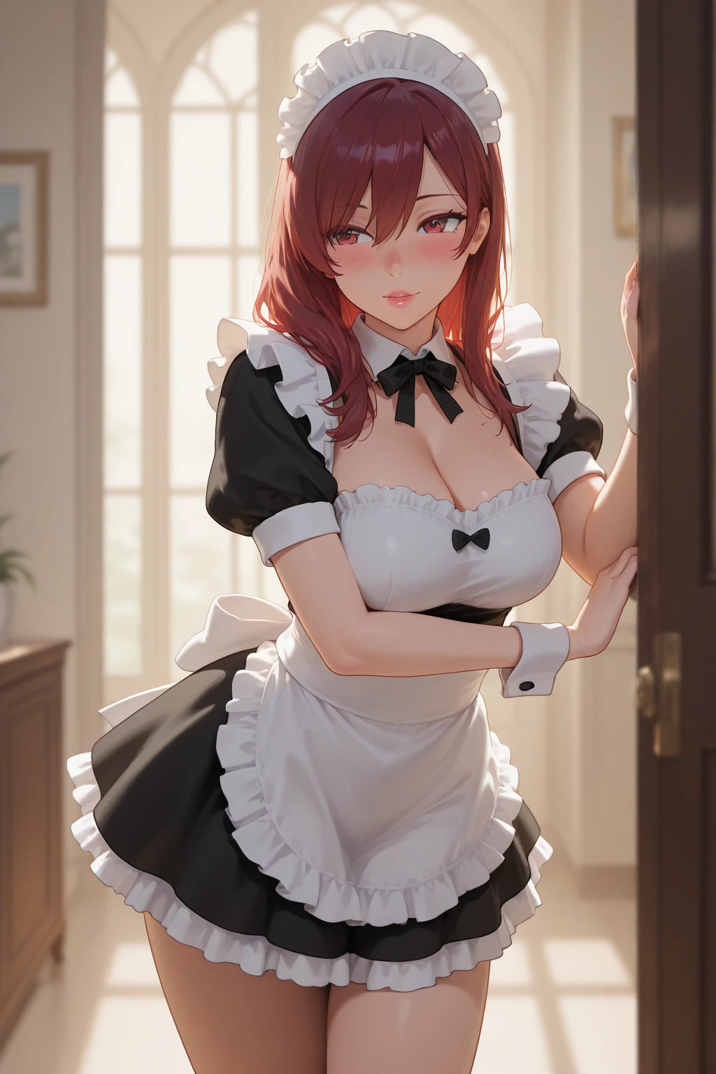 Masterpiece, solo, high detail, super detail, super high res, (photorealistic: 1.333), (highest quality), (best shadow), detailed, perfect lighting, 1girl, Perfect proportions, Perfect anatomy, Close-up of face, princess eyes, bright orange hair, shinny skin, thin and slender waist, missy hair, wide hips, portrait, in bathroom, black and white maid costume with garter belt, 18 years old, medium breasted, troubled face, teary eyes, Bending forward, leaning forward, blushing, Looking into the viewer, on all fours, Facial close-up