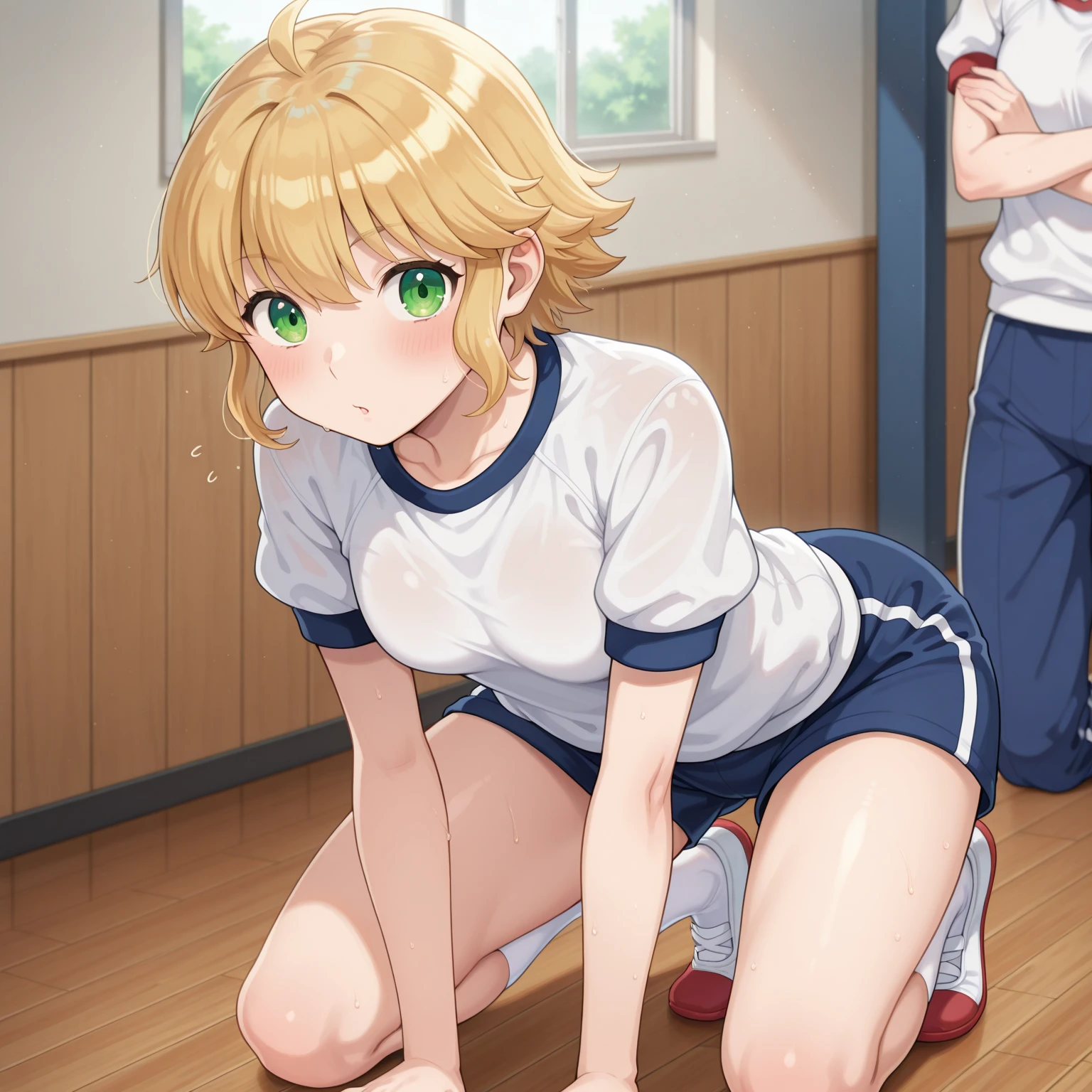 (((1girl))), ((best quality)), ((masterpiece)), ((ultra-detailed)), (illustration), (detailed light), (an extremely delicate and beautiful), (beautiful detailed eyes), (sunlight), ((extremely light)),  ((extremely clothes)), (((hyper detail)))

(((gym uniform))),
,

wavy short manish bob, ((((yellow gold hair)))),  ((short hair)),
(((deep red eyes))), 

(((whole body))), aged 13 to 16, 
(((condescending expression))), (((mischievous smile with sexual satisfaction))),  (((extra adorable))), (((extra slender shape))), 
(((extremely beautiful detailed face))),

(((squatting in the school gym))), (((((Dutch angle))))),

((())),
(((extremely thin thighs))), (((white socks)))