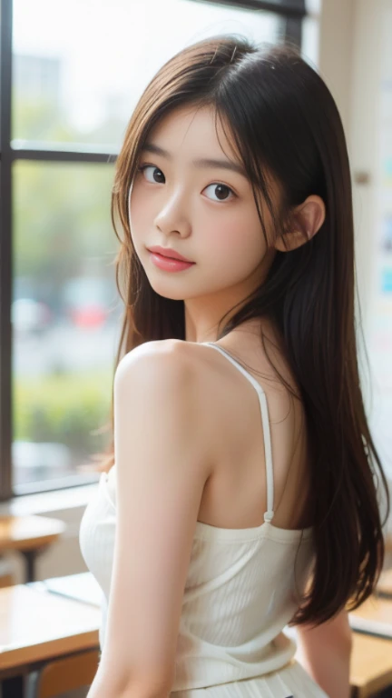 masterpiece, Best Quality, 8K, 1girl, 14 yo, Raw photo, Professional Photography, Portrait, Soft light, Professional Lighting, Solo, relax, Calm, Smile, Cute, Girly, Goddess, Delicate girl, Neat and clean beauty, Digital SLR, Looking away, Sophisticated, Film grain, (Eyes and faces with detailed:1.0), tea shop