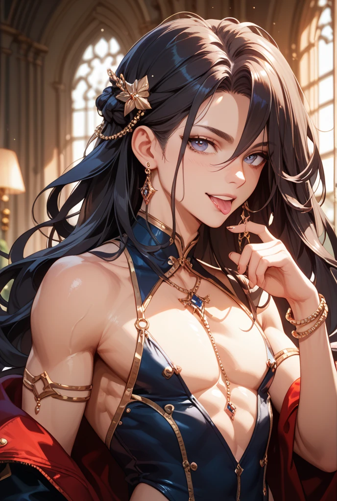 man, masculine, masculine face, attractive, muscular, ((1man)), masterpiece, absurdres, best quality ,intricate details , (shiny skin, shiny body, shiny oily luster skin, shiny hair, pale skintone), Sundown, attractive, ((muscular)), adult, one, tattoo in his chest ,black blouse, earrings, black pants, Don't look at the view , Not looking at the view, blue long hair, perfect detailed face, perfect detailed hands, vampire, blue eyes, ((MLS)), medium large shoot