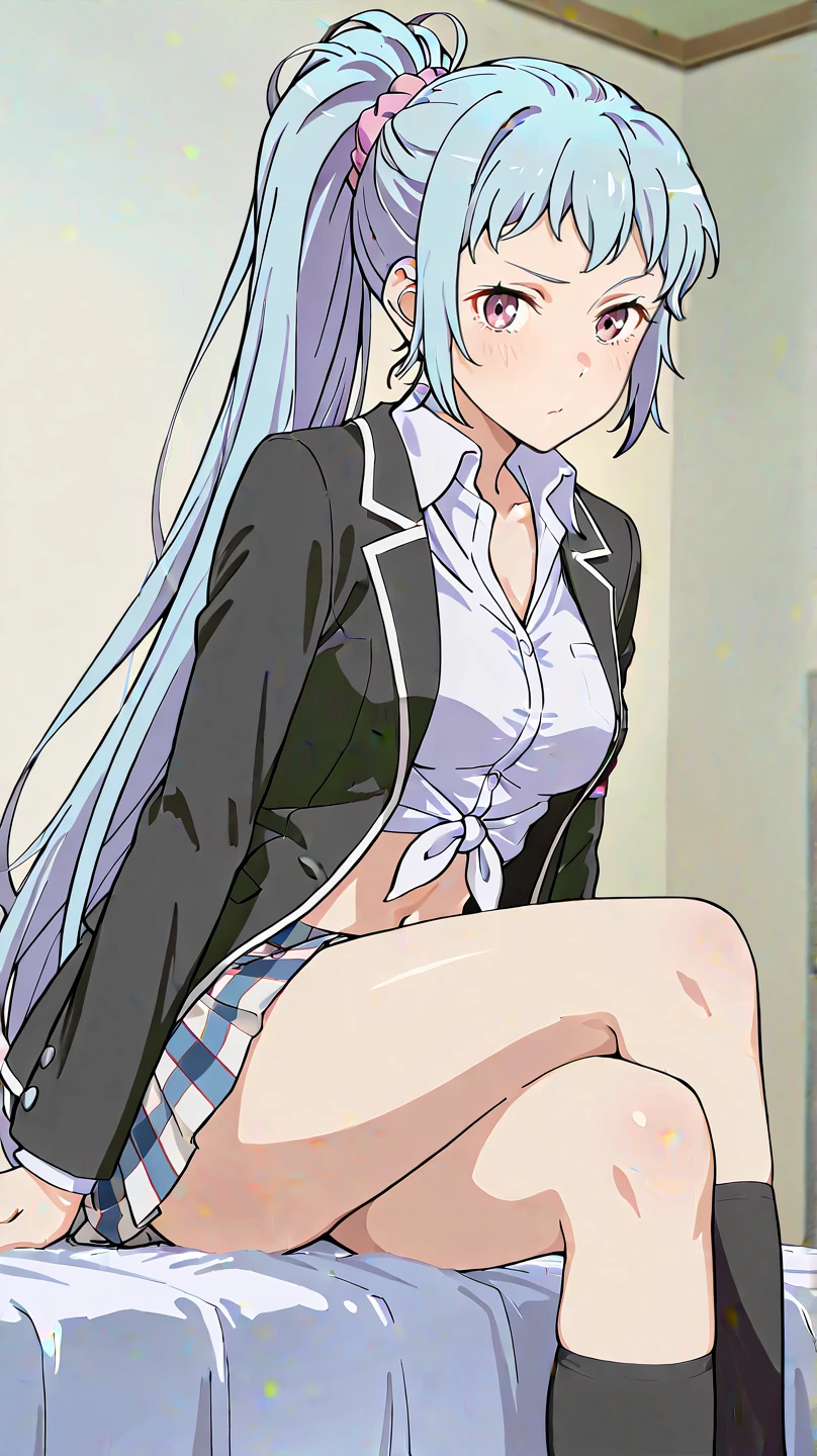 master piece、Highest image quality、highest quality、ultra detail、((embarrassed expression))、(tears)、glossy hair quality、((light green hair color))、Super detailed and beautiful bright eyes、Super detailed clear and beautiful face、((((Kusanagi Nin々))))、(cute illustration:1.2)、(((cute underwear)))、((Girl having her skirt taken off))、High-resolution, ultra-detailed, best quality、forced to spread legs, award winning, anatomically correct
