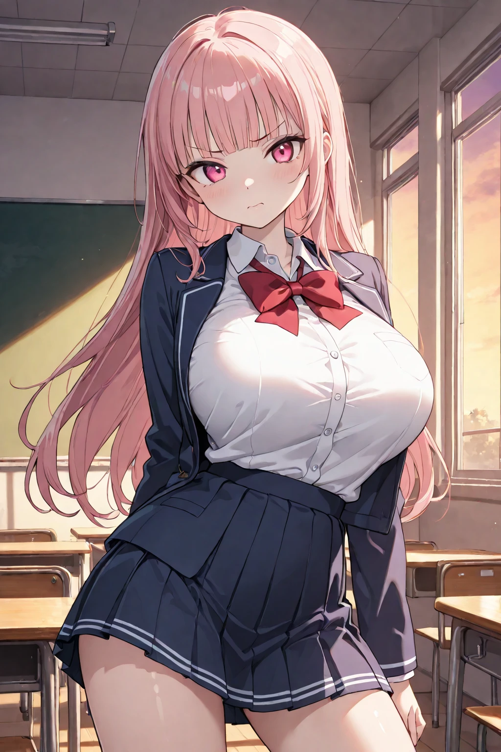 masutepiece, Best Quality, High resolution, solo, 1girl, Full body, Description Girls, detail hands, Detail fingers, Detail Face, cute face, detail legs, overdetailed art, Fine details,Huge breasts, Huge ass, steam, (Sweat), hair bun, pink hair, midriff, solo, milf, single hair bun, smile, blush, (night), (ruined school), (school uniform), plaid skirt, blazer, ((make a ring with your fingers))