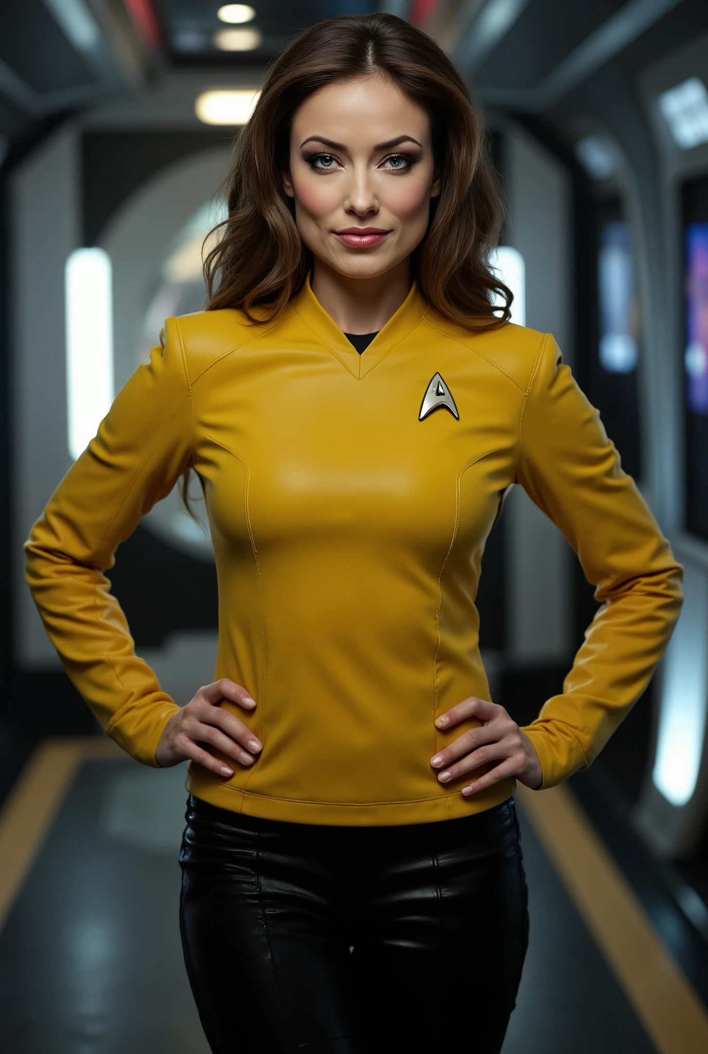 woman, hourglass figure, (slight smile), wearing tight yellow leather Star Trek SNW uniform, (black leather pants:1.37), starship quarters, seductive pose, striking, expressive look, alluring look, determined look, strong eyeliner, mesmerizing eyes, elegant, realistic hands, graceful, natural beauty, magnetic, charismatic, versatile, photogenic, backlit