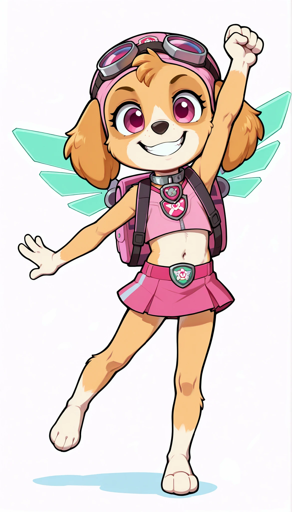 score_9, score_8_up, score_8, 1girl, source_cartoon, source_furry, skyepp, dog, furry, toddler, skye, paw patrol, cute face, 4 fingers, ((goggles, pink pilot hat, Skye collar, pink top, midriff, pink mini skirt)), white background, simple background, confident face, skinny, thin body, full body, feets with three toes, flying with mechanical wings on backpack, fly pose, one arm up, angry, smile,