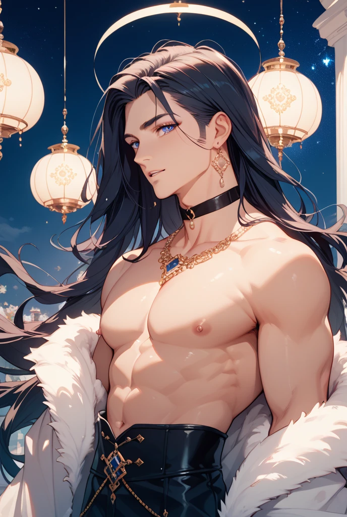 man, masculine, masculine face, attractive, muscular, ((1man)), masterpiece, absurdres, best quality ,intricate details , (shiny skin, shiny body, shiny oily luster skin, shiny hair, pale skintone), Sundown, attractive, ((muscular)), adult, one, tattoo in his chest ,black blouse, earrings, black pants, Don't look at the view , Not looking at the view, blue long hair, perfect detailed face, perfect detailed hands, vampire, blue eyes, ((MLS)), medium large shoot