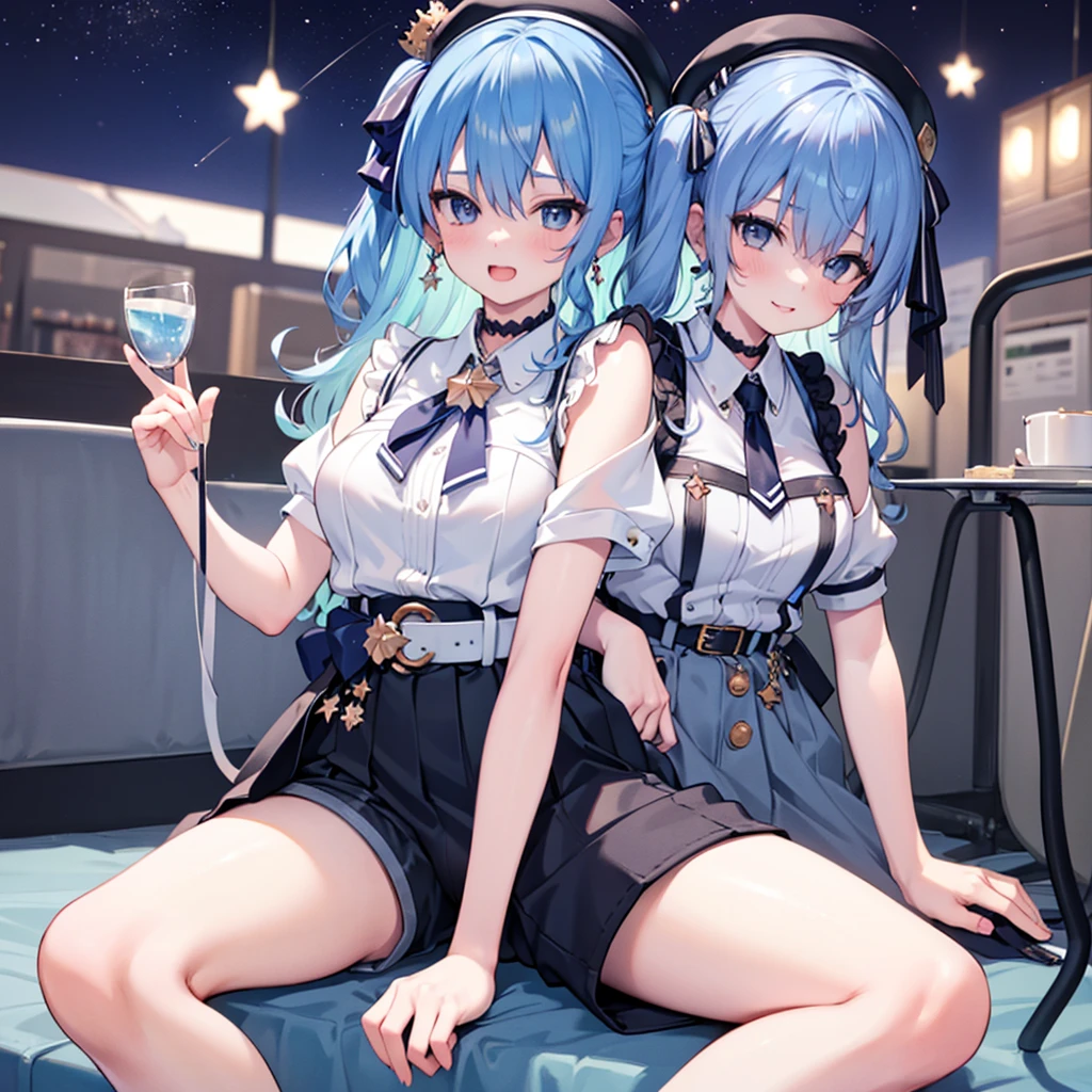 Bar in the sky, 1girl, solo, alone, ,flat chest,blue hair,short twintails,middle hair,sky blue eyes,sitting at bar counter, from side, drinking, (ocean:1.3), candles, starry sky, shooting stars, masterpiece, best quality, ultra detailed,bar
