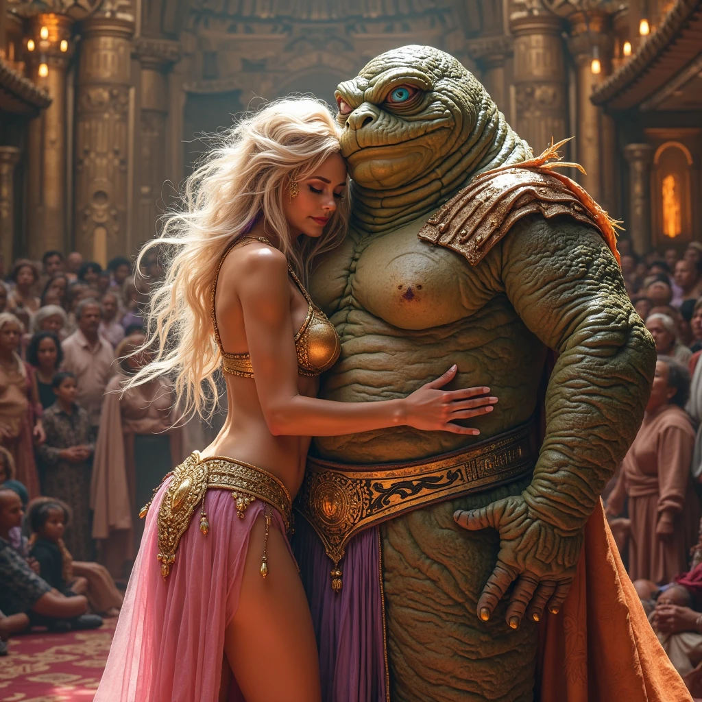 Best quality, ultra-high-detailed (mature female:1.6), in a seductive pose. Detailed face, detailed body, big breast, curvy ass, oily skin, symmetric face, cute, with a belly pin, ponytail hairstyle, blonde elf girl with long wavy hair and blue eyes, pussy cameltoe in a blue dress with gold embroidery. 1 orc, green skin, in leather clothes, (huge penis) sex. An argument with an orc in the jungle. ((The orc molests her and grabs her by the breast)). delicate detail. ultra details. Highly detailed characters. seen from behind.