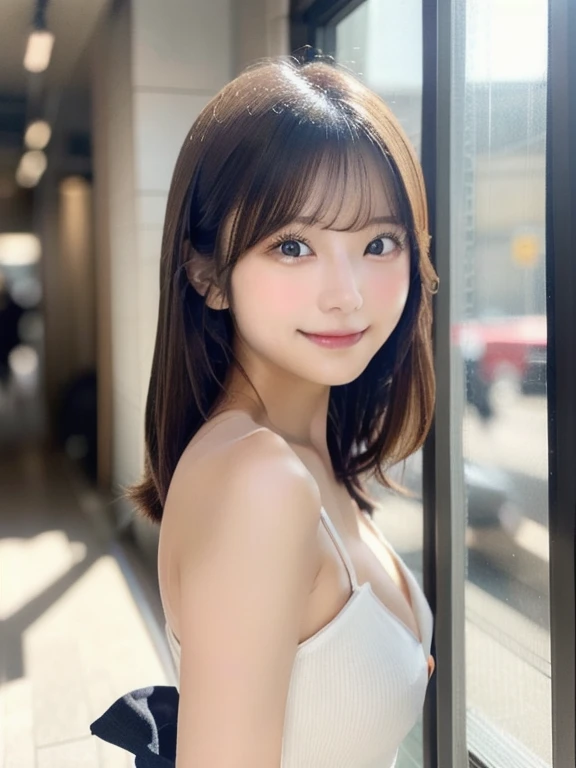 (Detailed skin:1.2),(Shiny skin:1.1),8k,highest quality, masterpiece, Ultra-high resolution,(Realistic:1.4), RAW Photos,(Soft Saturation:1.3),(Fair skin:1.2),Japanese Idols,repair,20 years, Brown Hair, Medium Hair, Asymmetrical Hair, Wavy Hair, (Perfect Anatomy),
(Pretty face:1.4), (Big Breasts, Tight waist), Beautiful lighting, Small Head,
(White or black mini dress:1.2,), Highly detailed face, Highly detailed lips, fine grain, double eyelid,, ((Full Body Shot:1.2)), Sharp focus: 1.2, Beautiful woman with perfect figure: 1.2、Random Pause,Accentuate the lines of your legs、smile、