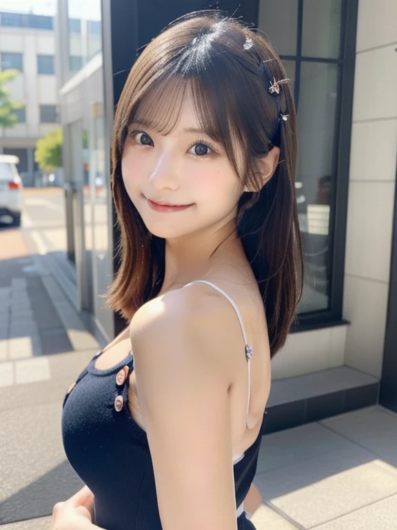 masutepiece, Best Quality, Illustration, Ultra-detailed, finely detail, hight resolution, 8K Wallpaper, Perfect dynamic composition, Beautiful detailed eyes, Women's Fashion Summer,Medium Hair,Small breasts natural color lip, Bold sexy poses,Smile,Harajuku、20 years girl、Cute、Sexy shot looking at camera