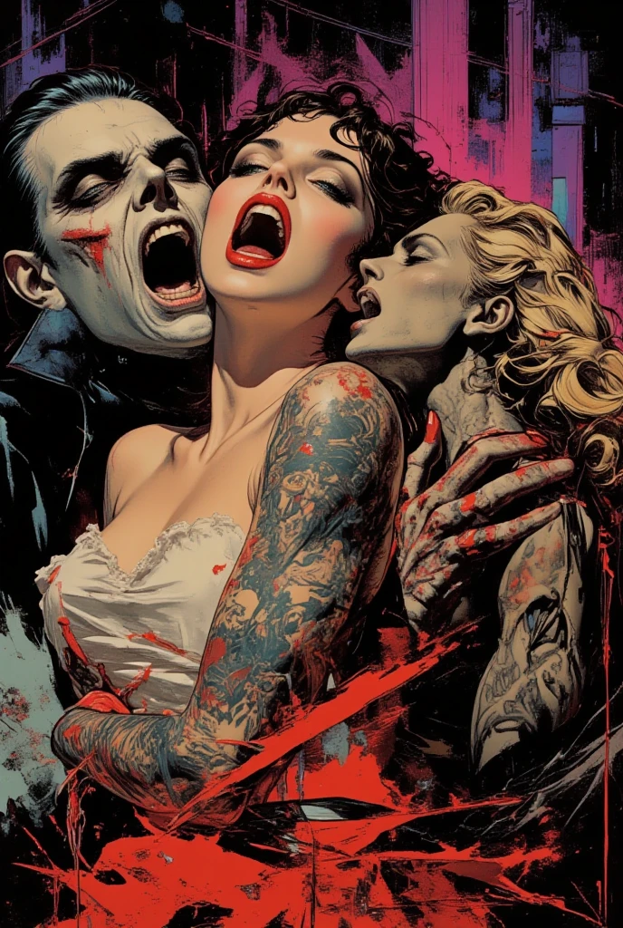 a close up of a woman holding a man in a vampire costume, vintage horror art, movie poster painting, retro pulp art, vintage pulp art, victorian vampire, vintage horror, vampires fantasy, pulp illustration, by Jason Edmiston, elegant horror artwork, pulp art, count dracula, martin ansin, old retro pulp noir comic cover, by Ignacio Zuloaga