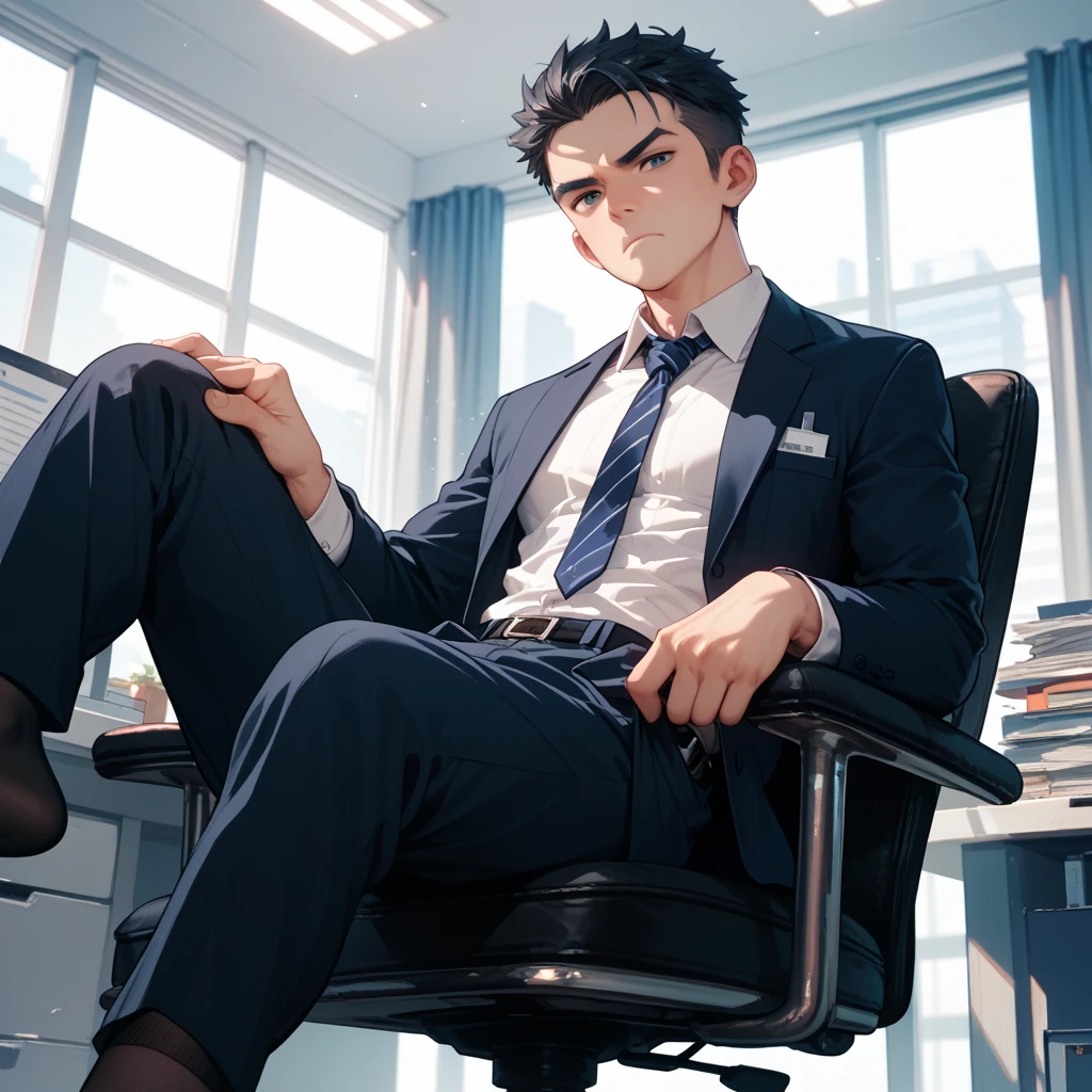 A man in a suit and leather shoes sits in an office chair，Feet up，style of anime, malefocus，the feet，tiese，large pecs，Big bag，Wear white basketball socks，Half recumbent，CG sense，POV perspective，spread their legs，Dark atmosphere，8K,Cinematic lighting effects，Textured skin，best qualtiy，Storytelling images，Storytelling images，dynamic blur，actionpose，Elevation viewing angle，formal，Toes，Business suit，A sole,office room，sitted，short detailed hair