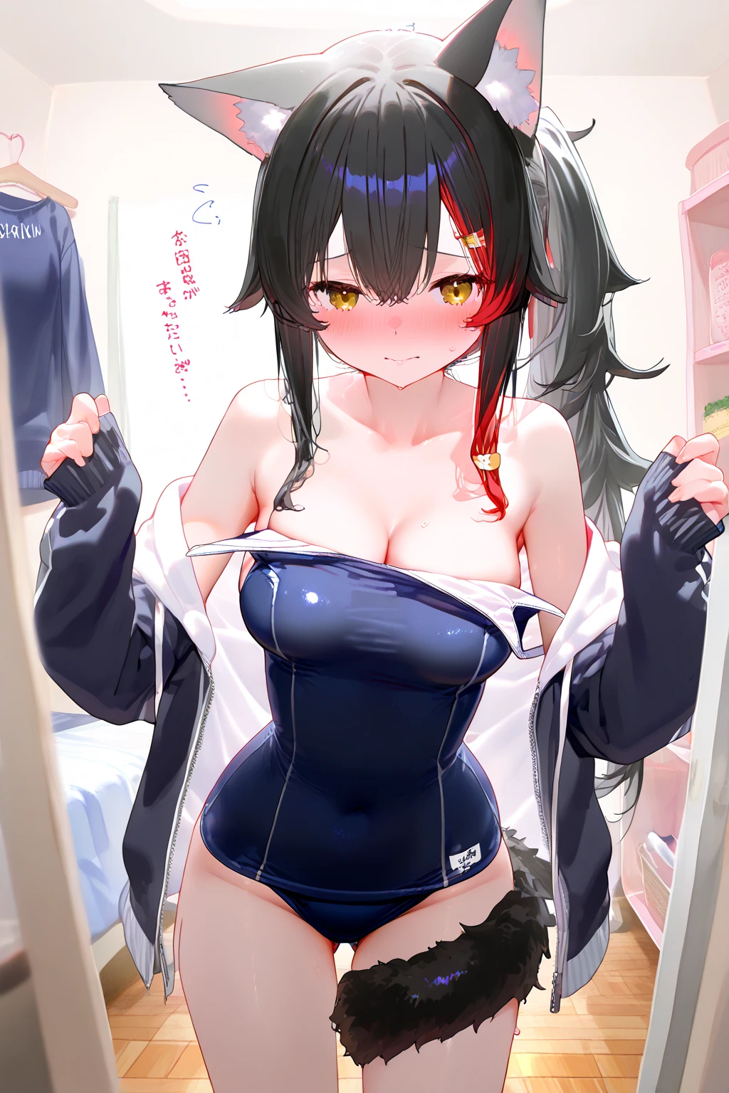 adulto, Cabello negro ondulado, mirada penetrante con ojos profundos de color rojo, estatura promedio, Silky hair with a ponytail hairstyle collected with a red bow with two white lines, tiene pechos grandes, primer plano, session, standing in the middle of his room [[[[Maid]]] , Sonrojada, muslos grandes, maid