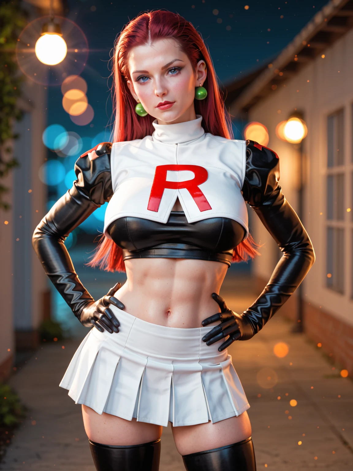 team rocket,team rocket uniform,white skirt,red letter R,crop top,black thigh-highs,black elbow gloves