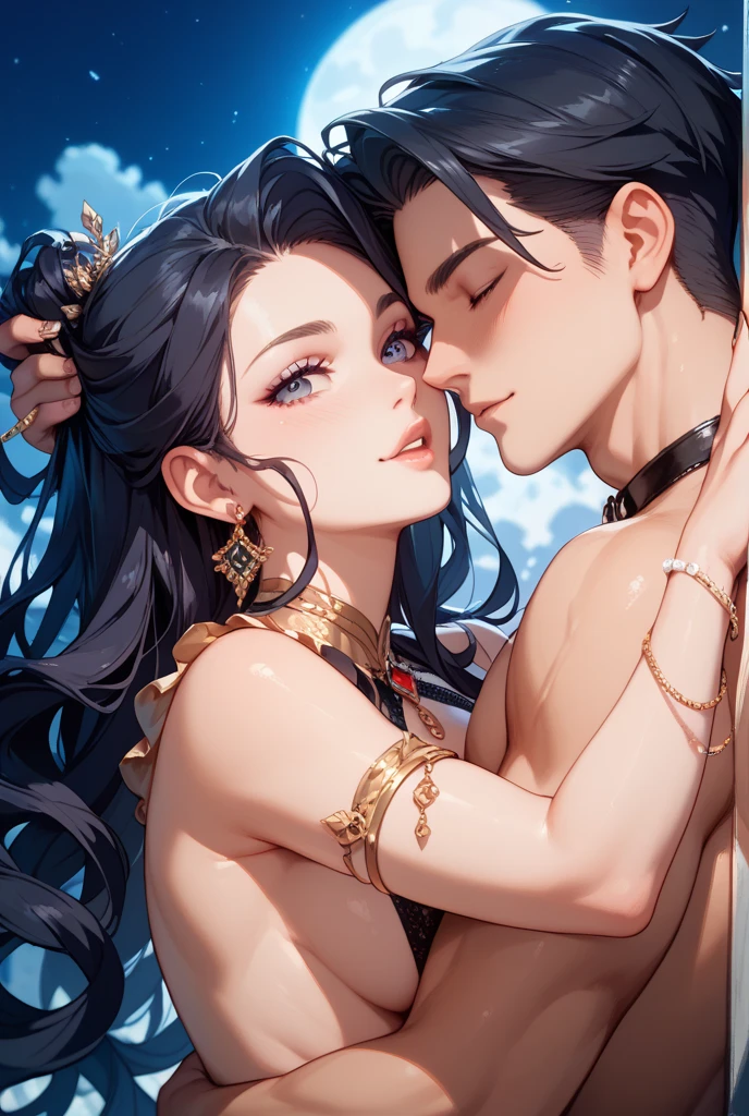 ((Highest quality)), ((masterpiece)), (detailed), (Perfect Face)、A naked man and a woman have intense creampie sex and make love、The woman is a Thai woman in an elegant Thai mansion, wearing a gorgeous and glittering swarai with gold embroidery, gorgeous jeweled accessories and an engagement ring. The man and woman are sitting on a luxurious and large sofa in the luxurious room, and the woman is passionately embracing and passionately kissing the middle-aged Thai man wearing a dignified and sturdy Thai national costume, making passionate love as a married couple.、The woman is an elegant Thai beauty with medium-long blue hair.、The man is a dignified, muscular, bearded, middle-aged Thai man.