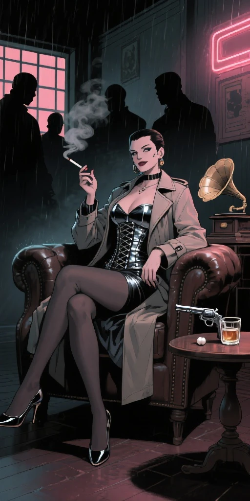 1 asian woman, spy, elegantly dressed, smirk, short black hair, holding wine and knife, ( methurlant) comic, y2k animation, hq, intricate detail, high quality, smooth, (masterpiece, best quality), tattoos, sitting at bar,