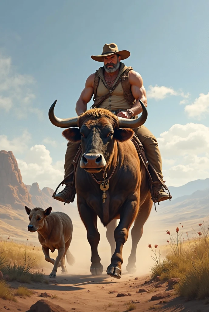 man attachin bull with bull cart