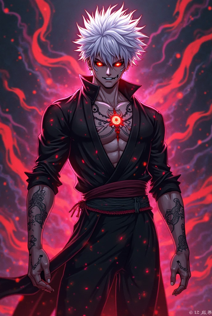 absurdres, highres, ultra detailed, HDR, master piece, best quality, Dabi, white hair, expressive turquoise eyes, Boku No Hero Academia, solo, sexy man, handsome, horny, demon, horns, lewd, black leather clothes, red cape, accessories, showing the chest, red sky, red moon, red trees, red spider lilies, fantasy, dark magic, magical