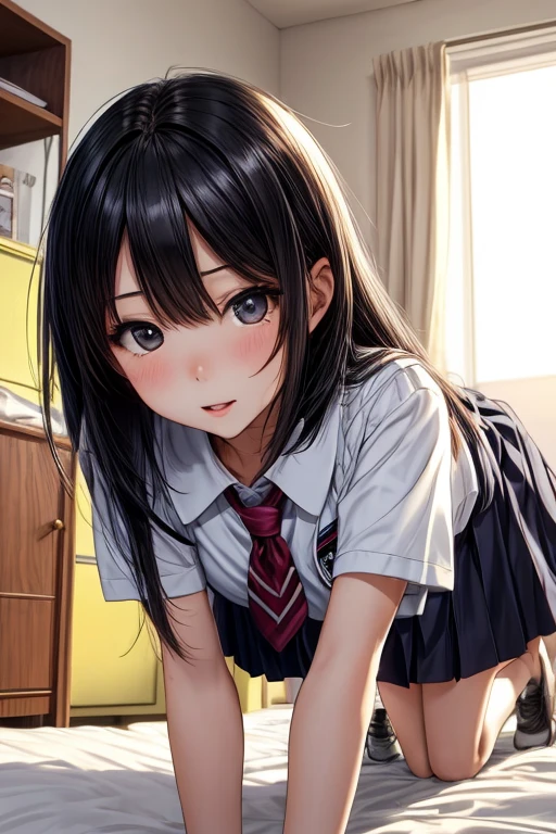 Hold the skirt with your hands,skirt lift,skirt hold,from front,front view,looking at viewer, looking ahead,from above,cowboy shot,1girl,Beautiful 11 year old girl,Japanese,Slender,,low length,Small breasts,Thin legs,Small Ass,Baby Face,Small face,Black Hair,Row Twin Tails,Gray Eyes,slit pupils, cat eyes,middle School girls,uniform,Short sleeve shirt,Checked tie,Checked mini skirt,black panties,socks,open mouth,tongue out,front face,Kneeling,Straight Stand,Beautiful and detailed anime art,Mischievous smile,Sexy vibe,cum on tongue,Dimly lit room,On the bed,Simple Background,Gray background,Low lighting,