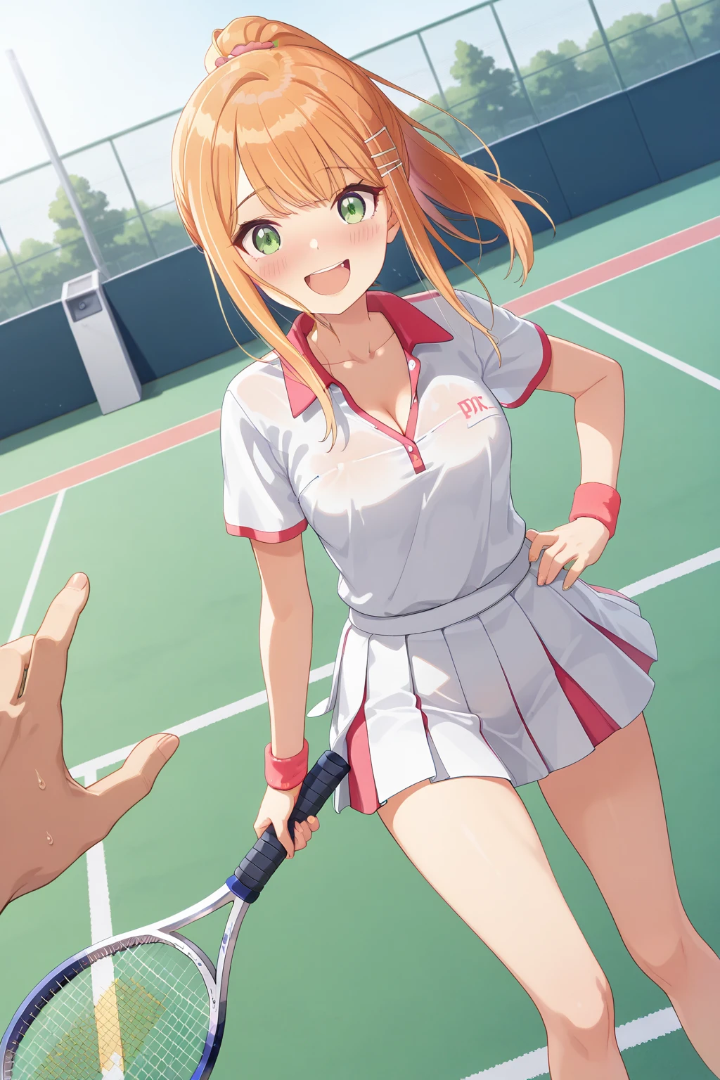 ((best quality)), ((Masterpiece)), realistically, ((1 girl)), outdoor, smile, (tennis dress), (track field), daytime, glitter hair, glowing eyes, (((sit with knees raised))), (((microskirt))), Blush, daytime, sweat, see through dress, nipples, sleeveless shirt, (((pussy reveal))), armpit, 16 years old, hesitate, masterpiece, highest quality, Highest resolution, highest detailed face, perfect hands, perfect anatomy, small breast, (((full body view))), long hair, 1girl, pleated skirt, sexy pose, side view, spread legs little, twintails, arm up, skirt lift, front view angle, beach, Riho Tsukishima, microskirt