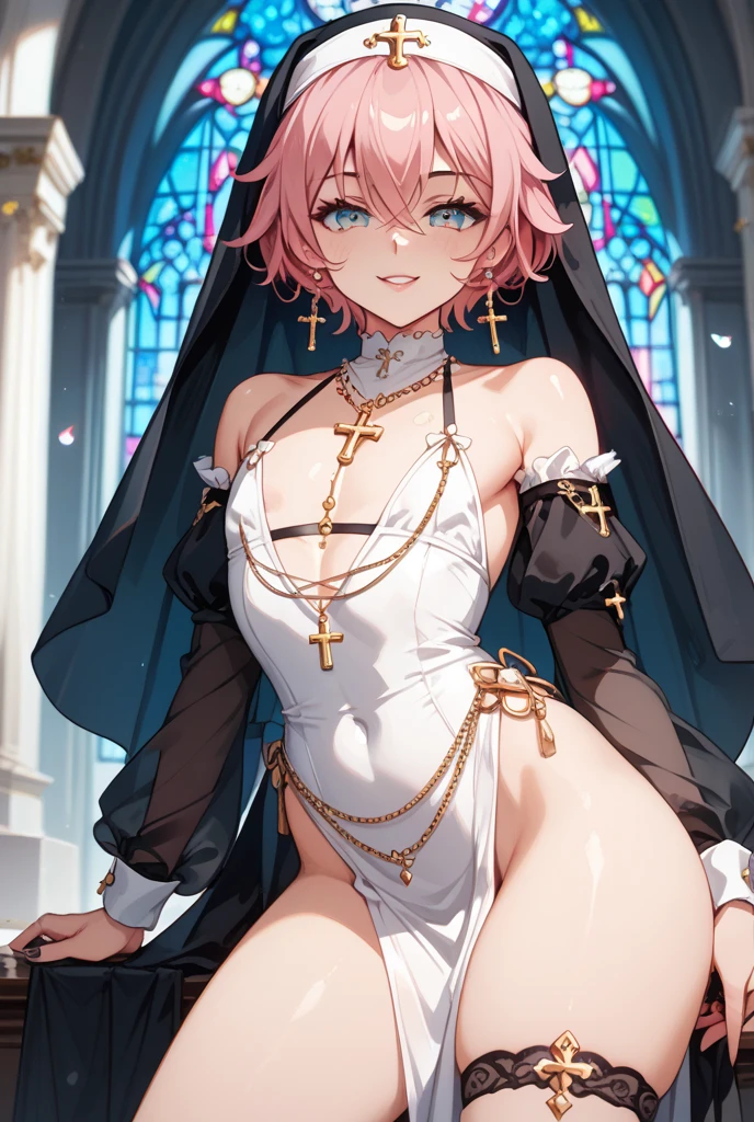 mari_\(blue_archive\), nsfw, masterpiece, 1 girl, erect nipples, intricately detailed, topless, navel, skirt, harem outfit, bare shoulders, cathedral, glass window,, erect nipples, puffy nipples, extremely detailed, game, small breasts, nipples, bare stomach, sweaty, moist breath, flat chests, headdress, small breasts, collarbone, sweaty, orange hair, random pose, dancing, dynamic pose, smiling, long skirt, sarong, aqua eyes, long hair, side braid, nun veil, candles, altar, choker, animal ear