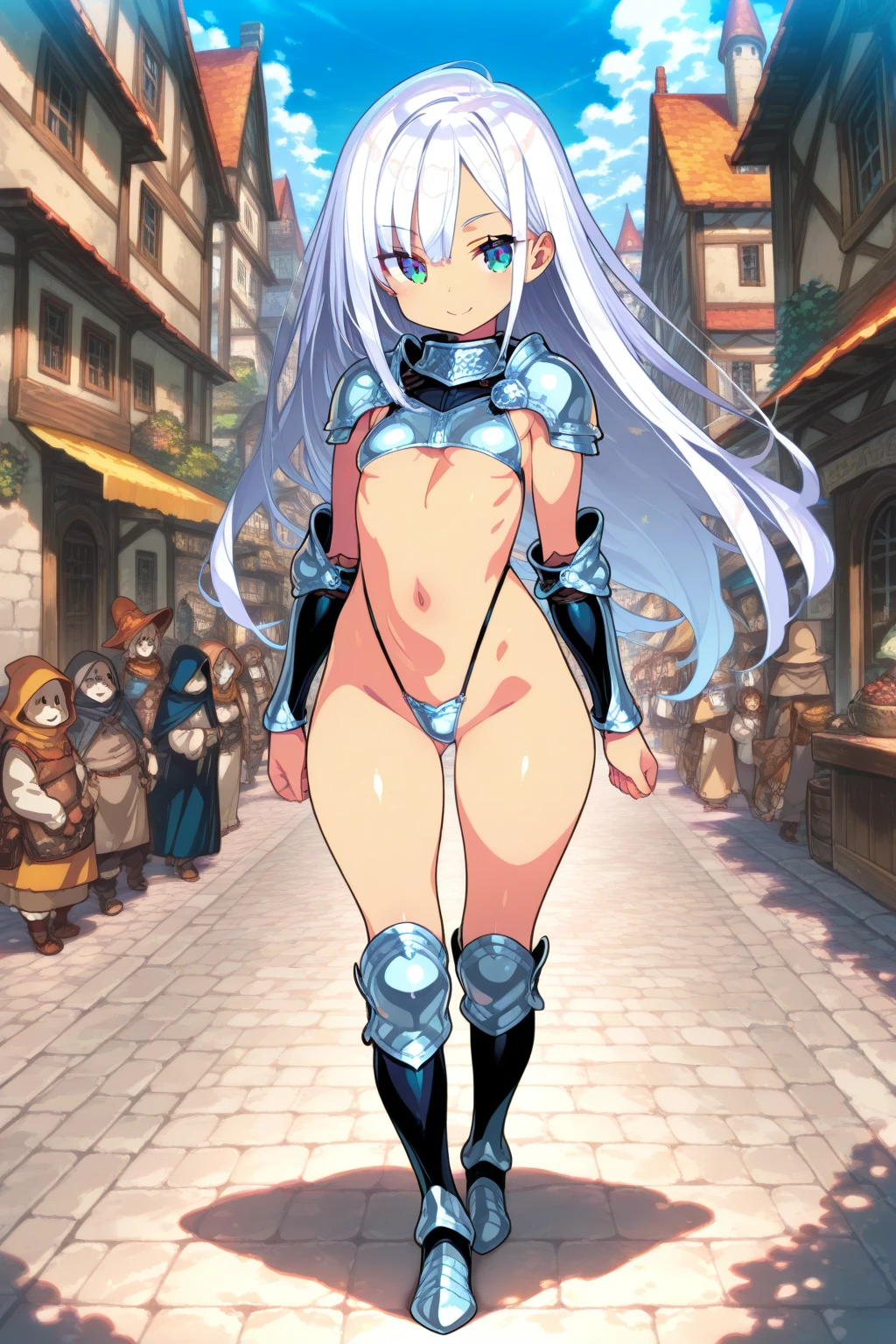 Victoria Brightshield standing in a fantasy town. (masterpiece, best quality:1.2), 1girl, solo, hair buns, blue hair ribbon,