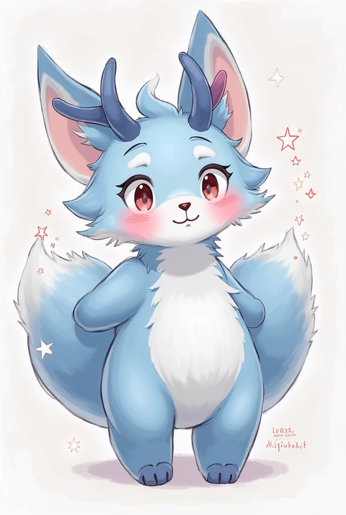 Create an image of a single character being a fox with deer horns with blue fur and stars on the cheek Furry Femboy blushing with a  expression with white ink