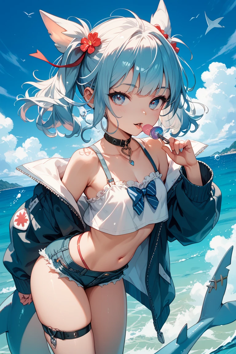 masterpiece, best quality;1.3), ultra detailed, ooking at viewer, rem_re_zero, Facial close-up,blue hair, short hair, hair ornament, cleavage, detached sleeves, masterpiece, top quality, best quality, 1 little girl, swimsuit party, in the water,fish,watermelon,cute style, perfect structure, summer theme,(White yarn bikini:1.2),Hand held ice cream,