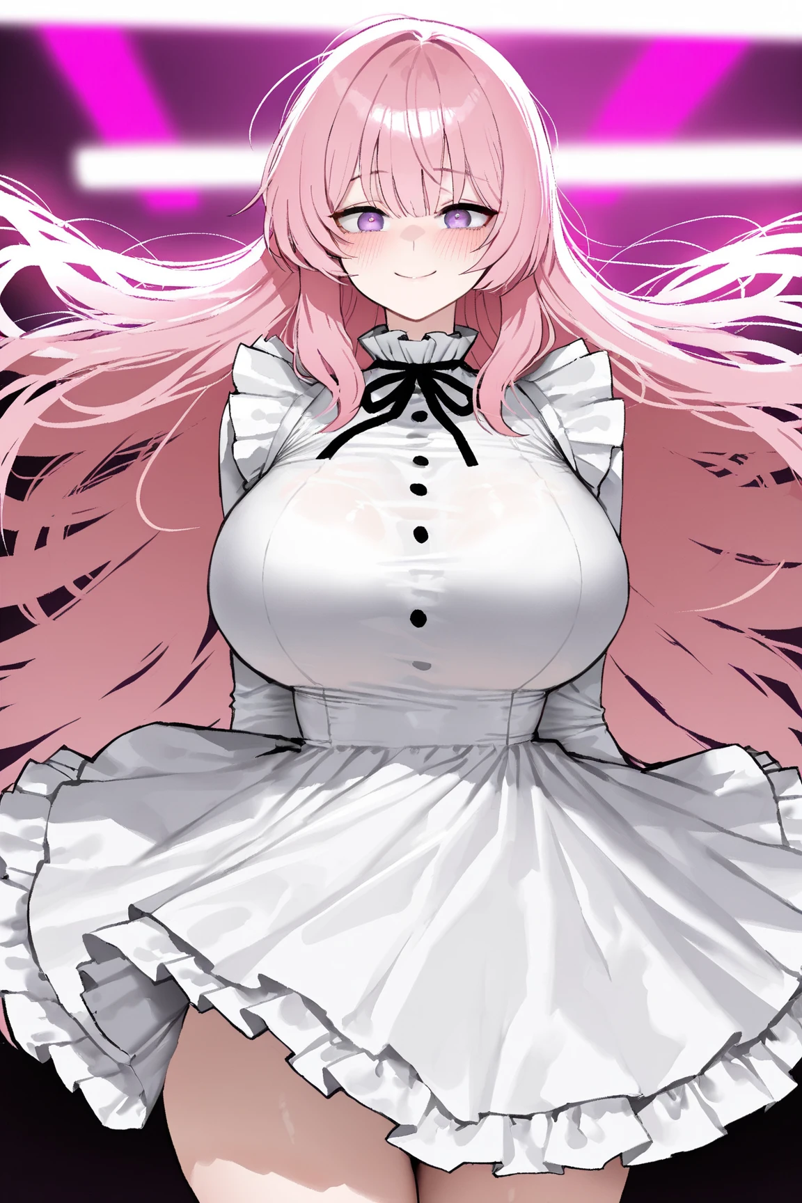 1 girl, game CG, white dress, cleavage visible, shoulders visible, corset, white short skirt, white jacket, neck ribbon, white beret, (gigantic breasts:1.2), pink hair, long hair, straight hair, ahoge, pink eyes ,(white background:1.1), full body, toe, standing, looking back, smiling,